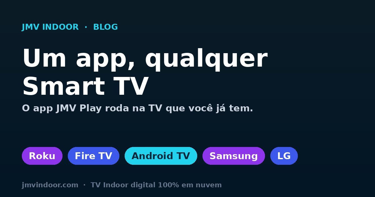 App JMV Play con los sellos de las plataformas Roku, Fire TV, Android TV, Samsung y LG, mostrando que la TV Indoor funciona en cualquier Smart TV