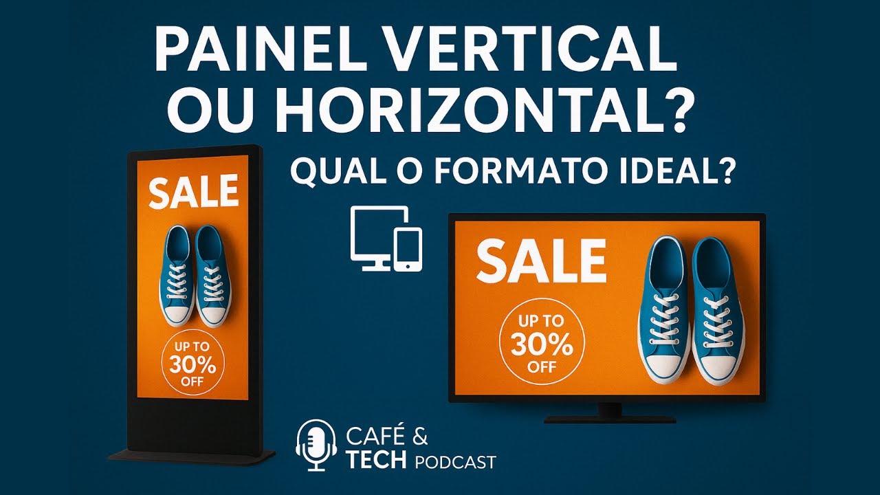 Capa do episódio do Café e Tech Podcast sobre formato de painel na TV Indoor, origem do artigo sobre entrar ao vivo em todas as telas da loja