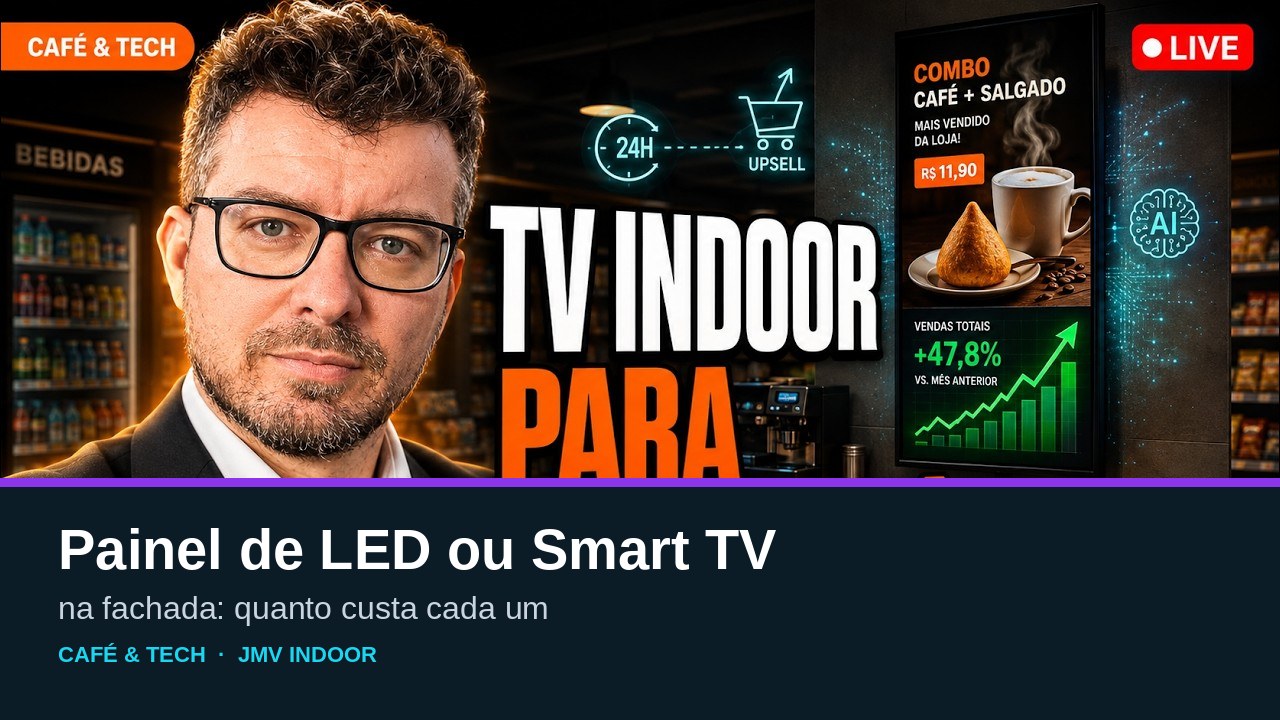 Cover of the article comparing an LED wall with a smart TV on a storefront, showing a frame from JMV's Café e Tech podcast episode about screens at the point of sale