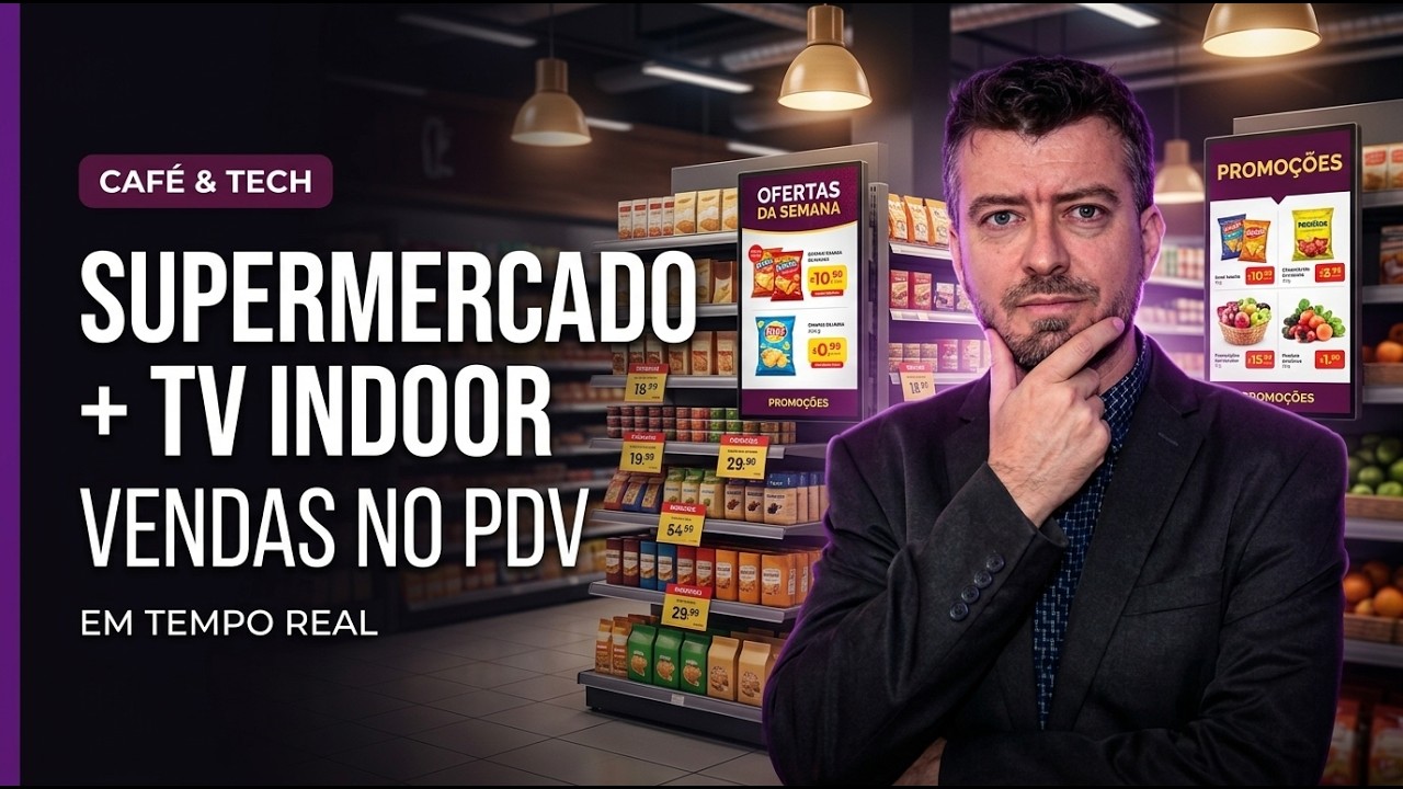 Tela de TV Indoor exibindo ofertas junto à gôndola de um supermercado, ao lado de produtos com etiqueta de promoção