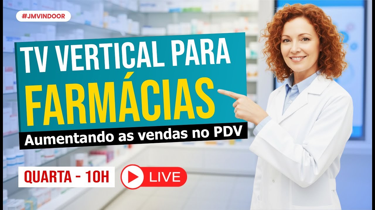 Episódio do podcast Café e Tech sobre TV Indoor vertical no ponto de venda de farmácia, origem deste artigo sobre propaganda de medicamento na tela do balcão