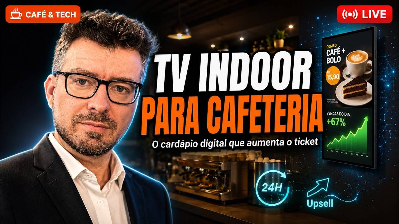 Portada del episodio del pódcast Café & Tech de JMV sobre TV Indoor, con una pantalla de tienda mostrando un combo de café y un gráfico de ventas