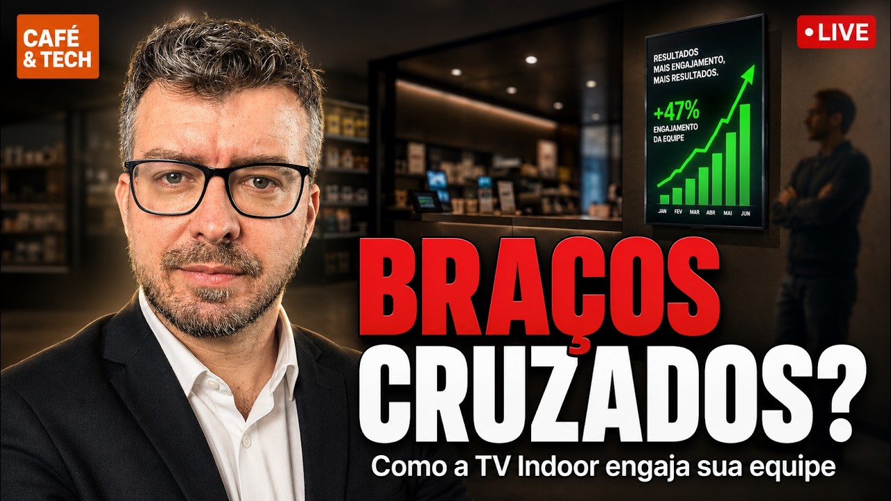 Mário Sérgio e Josimar Machado no estúdio do podcast Café e Tech da JMV, no episódio sobre como a TV Indoor engaja a equipe e ocupa o tempo ocioso do colaborador na loja