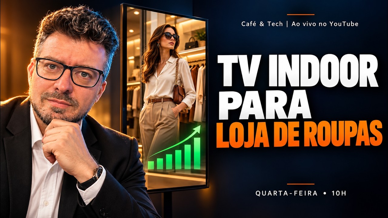 Capa do episódio do Café e Tech Podcast sobre TV Indoor para loja de roupas, com uma tela vertical mostrando uma modelo de look completo