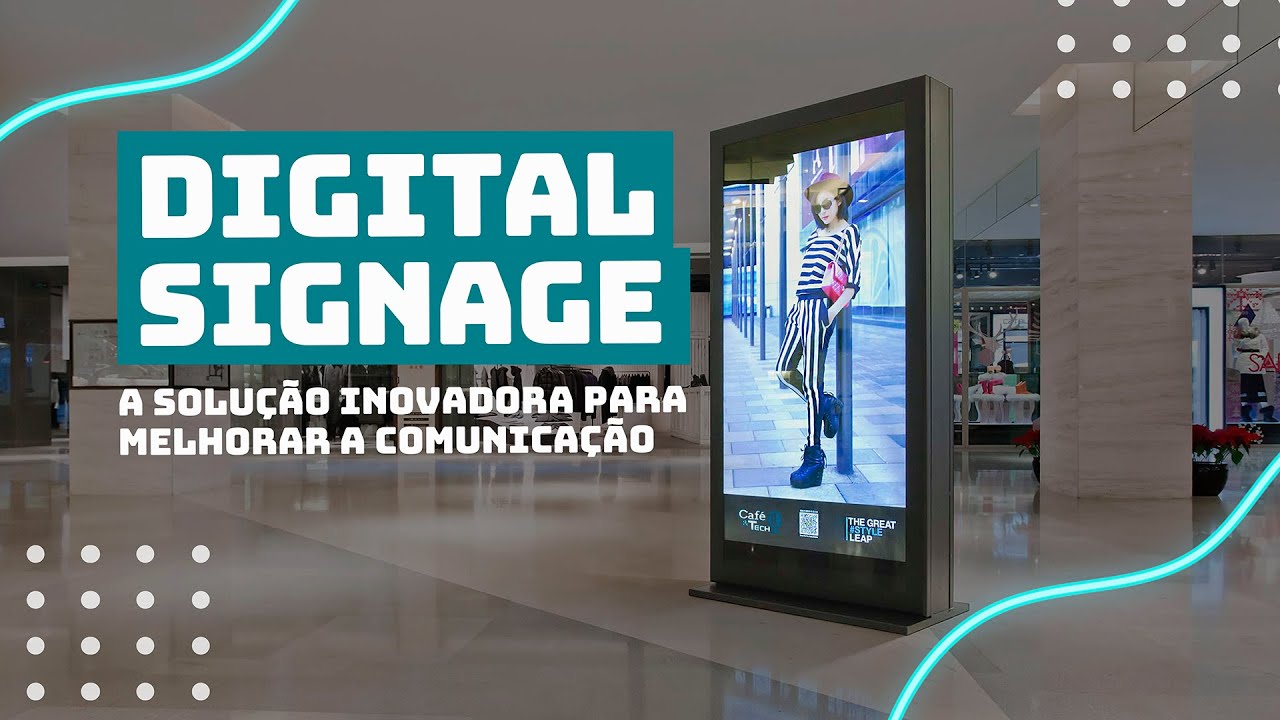 Capa do episódio do Café e Tech Podcast sobre digital signage, com um tótem de tela vertical em um corredor de shopping