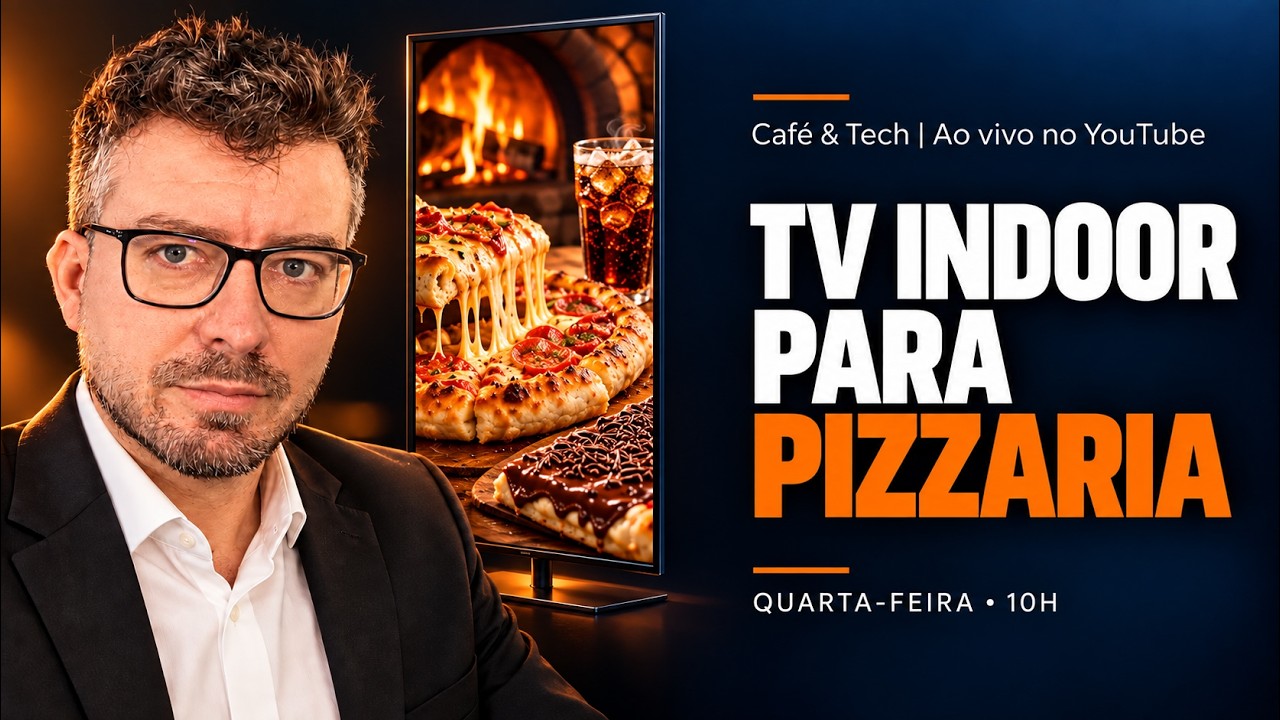 Capa do episódio do Café & Tech sobre TV Indoor para pizzaria, com uma TV vertical exibindo pizza, refrigerante e pizza doce