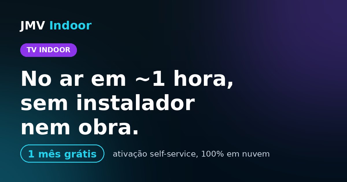 Artwork reading 'Live in ~1 hour, no installer or construction' with a '1 month free' badge, representing JMV Indoor's self-service Indoor TV activation